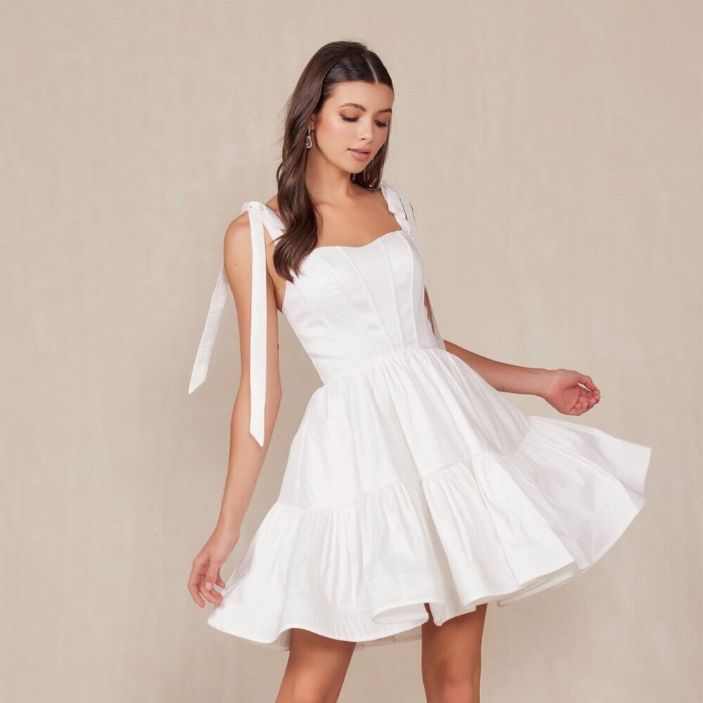 N/A NEW A-LINE OFF WHITE MINI SOLID DRESS W/ SWEETHEART NECK & TIED STRAPS T869W